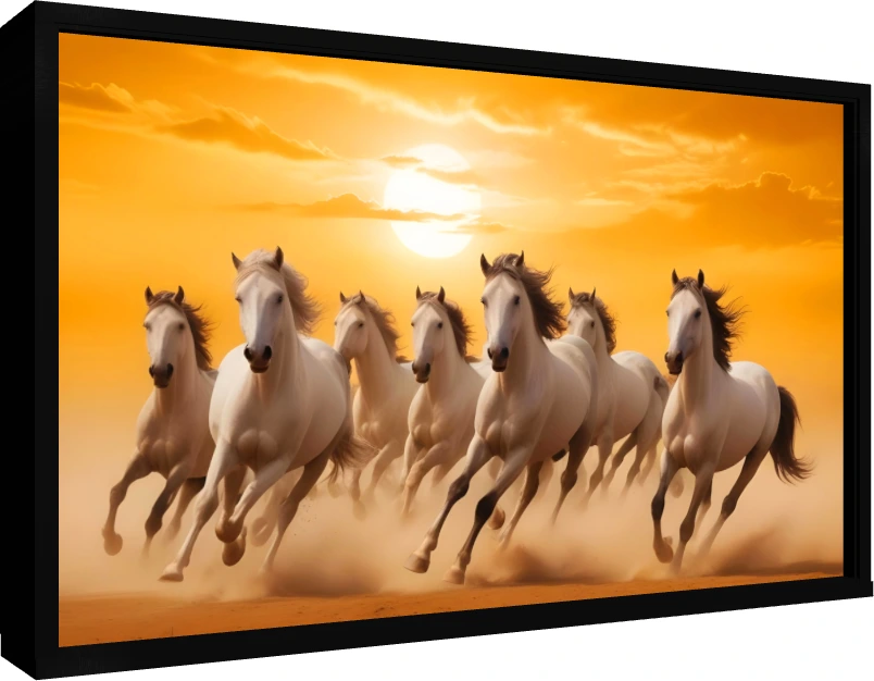 Seven majestic white horses galloping forward through dust clouds under a brilliant golden sunset sky. — floater frame preview | PrintPosters.in