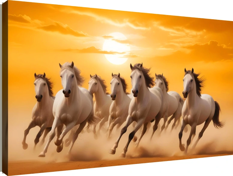 Seven majestic white horses galloping forward through dust clouds under a brilliant golden sunset sky. | PrintPosters.in