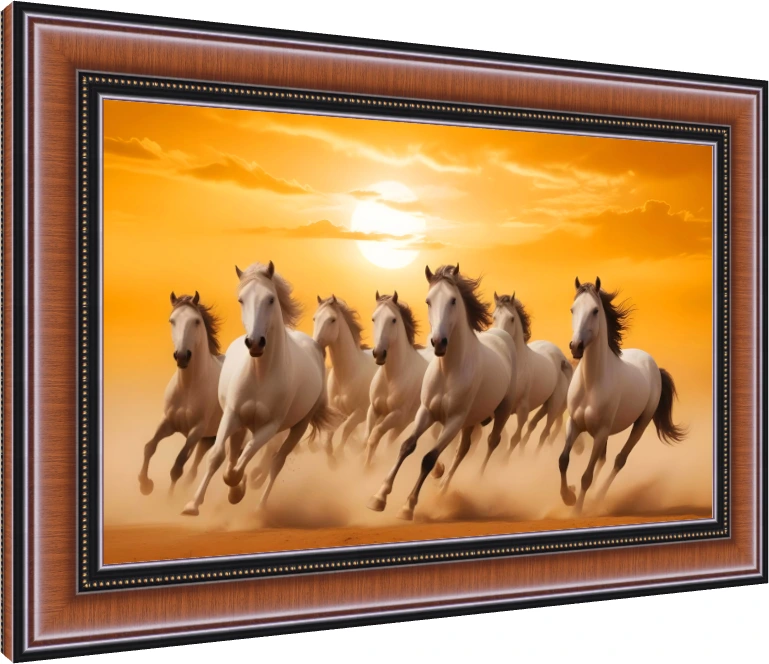 Seven majestic white horses galloping forward through dust clouds under a brilliant golden sunset sky. — photo frame preview | PrintPosters.in