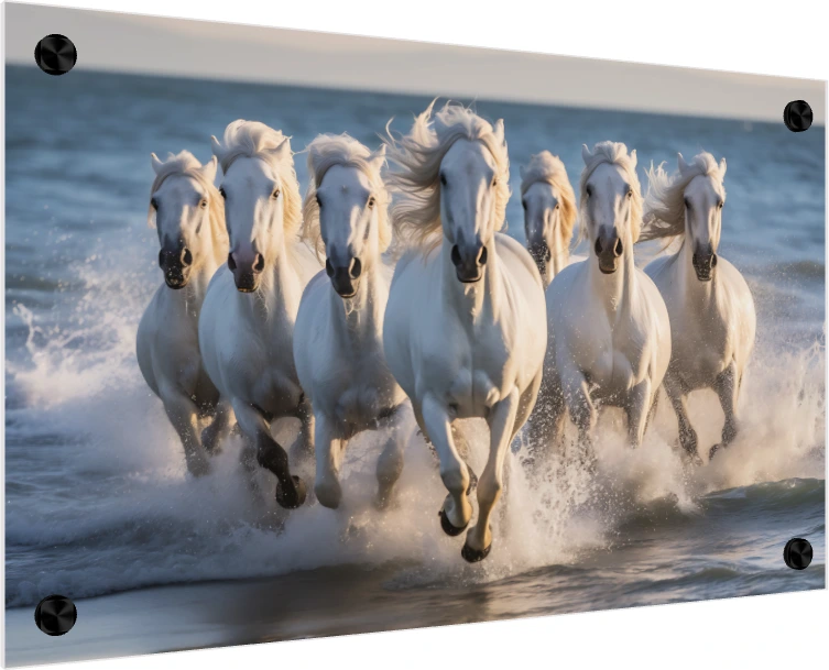Seven majestic white horses galloping forward through splashing ocean waves under a soft sunset sky. — acrylic preview | PrintPosters.in