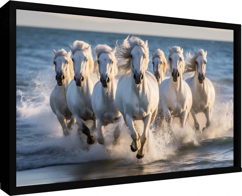 Seven majestic white horses galloping forward through splashing ocean waves under a soft sunset sky. — floater frame preview | PrintPosters.in