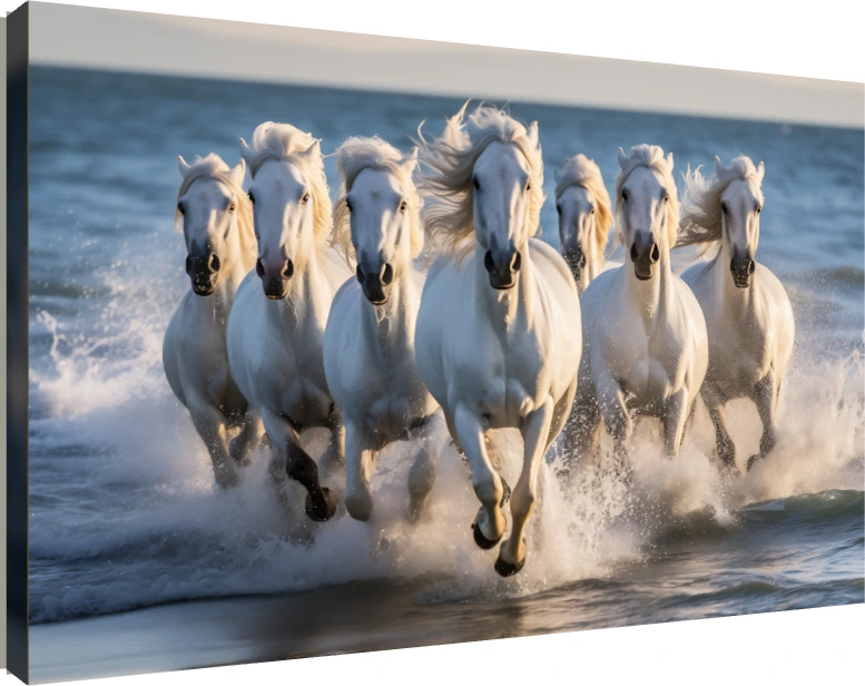 Seven majestic white horses galloping forward through splashing ocean waves under a soft sunset sky. | PrintPosters.in