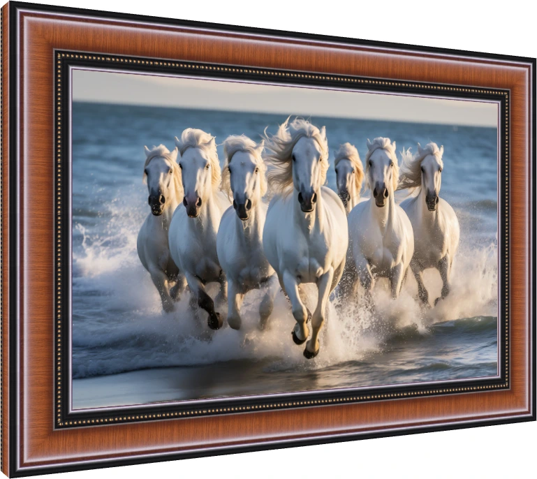 Seven majestic white horses galloping forward through splashing ocean waves under a soft sunset sky. — photo frame preview | PrintPosters.in