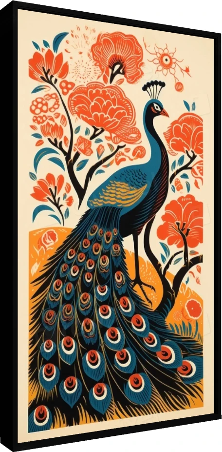 Indian Peacock Floral Art Print Canvas wall art print — floater frame preview | PrintPosters.in