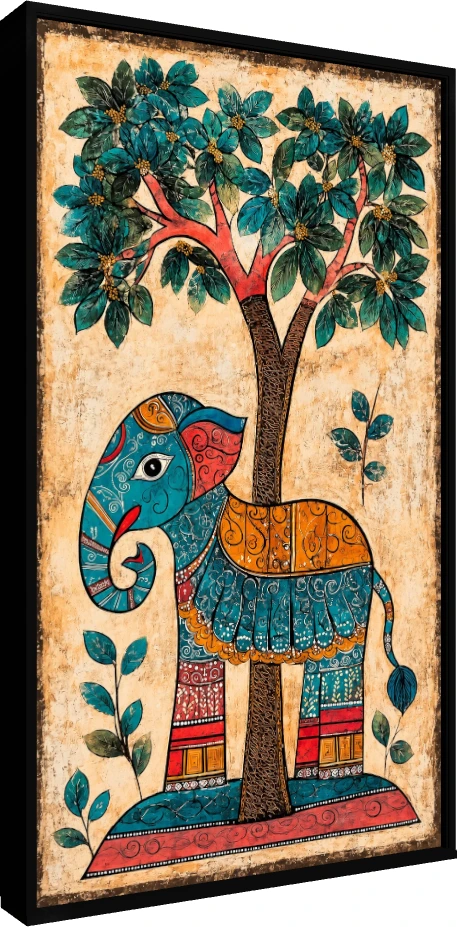 Madhubani Style Elephant Painting Canvas wall art print — floater frame preview | PrintPosters.in