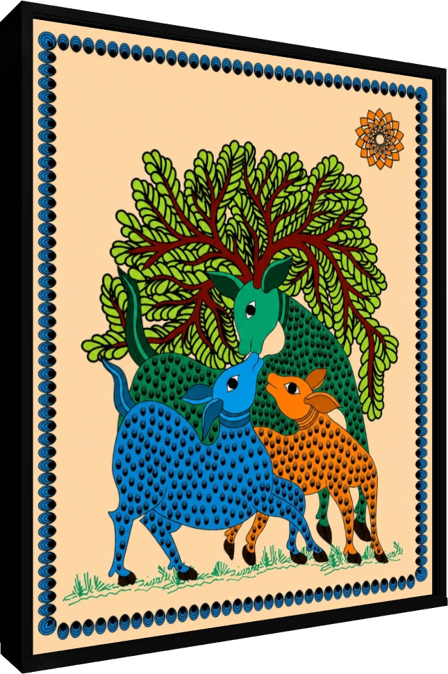 Colorful Madhubani Deer Painting Canvas wall art print — floater frame preview | PrintPosters.in