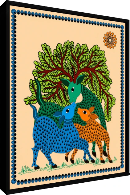 Colorful Madhubani Deer Painting Canvas wall art print — floater frame preview | PrintPosters.in