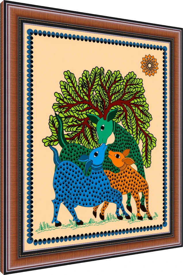 Colorful Madhubani Deer Painting Canvas wall art print — photo frame preview | PrintPosters.in