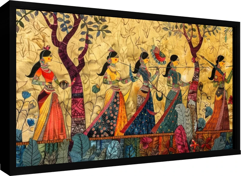 Traditional Indian Women Procession Canvas wall art print — floater frame preview | PrintPosters.in