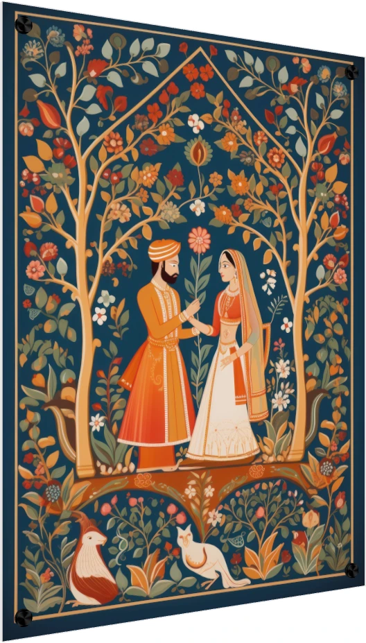 Traditional Indian Pichwai-style painting of a royal bride and groom standing under a floral arch on a deep blue background. — acrylic preview | PrintPosters.in