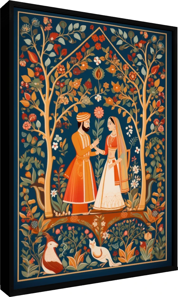 Traditional Indian Pichwai-style painting of a royal bride and groom standing under a floral arch on a deep blue background. — floater frame preview | PrintPosters.in
