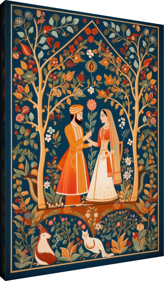 Traditional Indian Pichwai-style painting of a royal bride and groom standing under a floral arch on a deep blue background. | PrintPosters.in