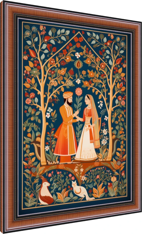 Traditional Indian Pichwai-style painting of a royal bride and groom standing under a floral arch on a deep blue background. — photo frame preview | PrintPosters.in