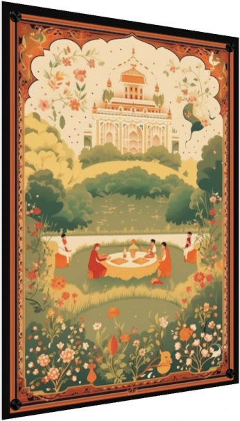 A stylized Mughal-style painting of a royal garden picnic with a palace in the background and a floral border. — acrylic preview | PrintPosters.in