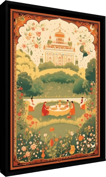 A stylized Mughal-style painting of a royal garden picnic with a palace in the background and a floral border. — floater frame preview | PrintPosters.in