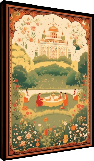 A stylized Mughal-style painting of a royal garden picnic with a palace in the background and a floral border. | PrintPosters.in