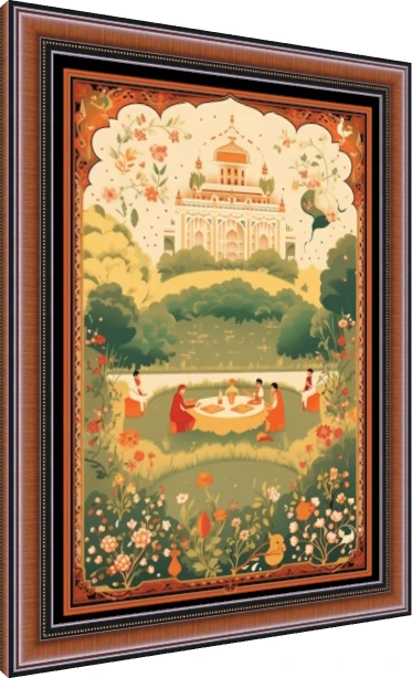 A stylized Mughal-style painting of a royal garden picnic with a palace in the background and a floral border. — photo frame preview | PrintPosters.in