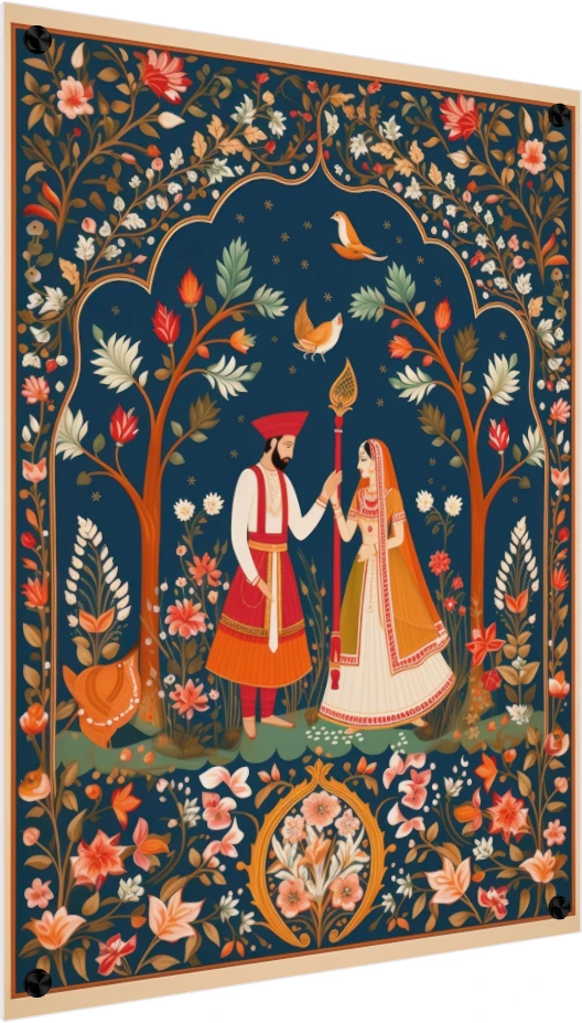 A traditional Indian painting of a royal couple standing under a floral archway on a deep blue background. — acrylic preview | PrintPosters.in