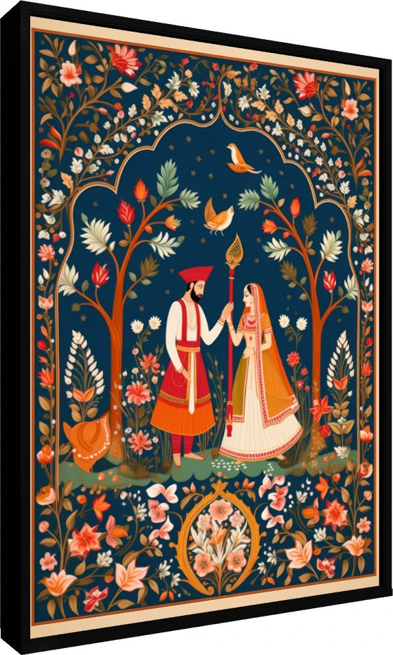 A traditional Indian painting of a royal couple standing under a floral archway on a deep blue background. — floater frame preview | PrintPosters.in