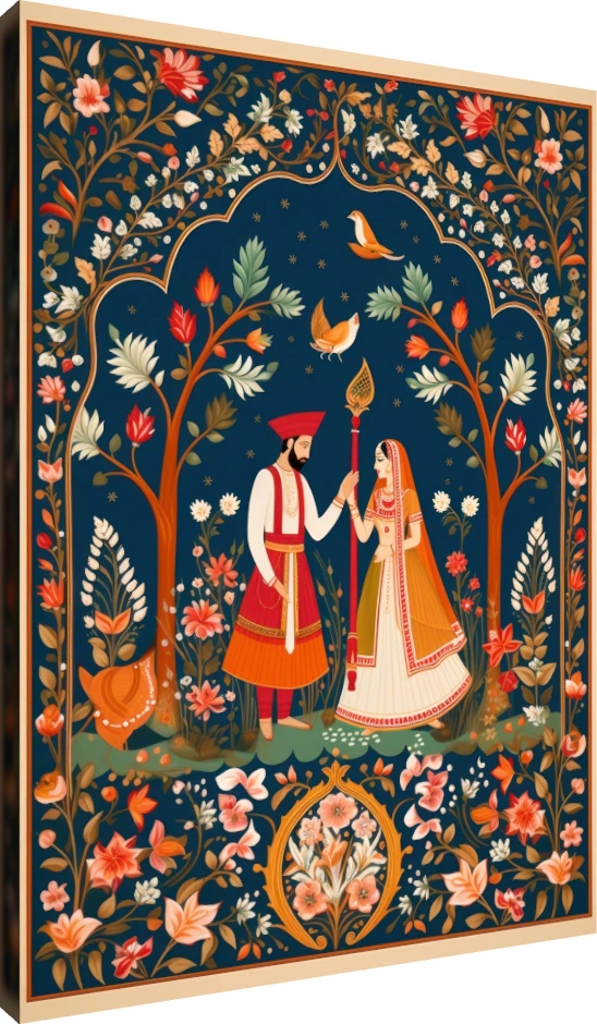 A traditional Indian painting of a royal couple standing under a floral archway on a deep blue background. | PrintPosters.in