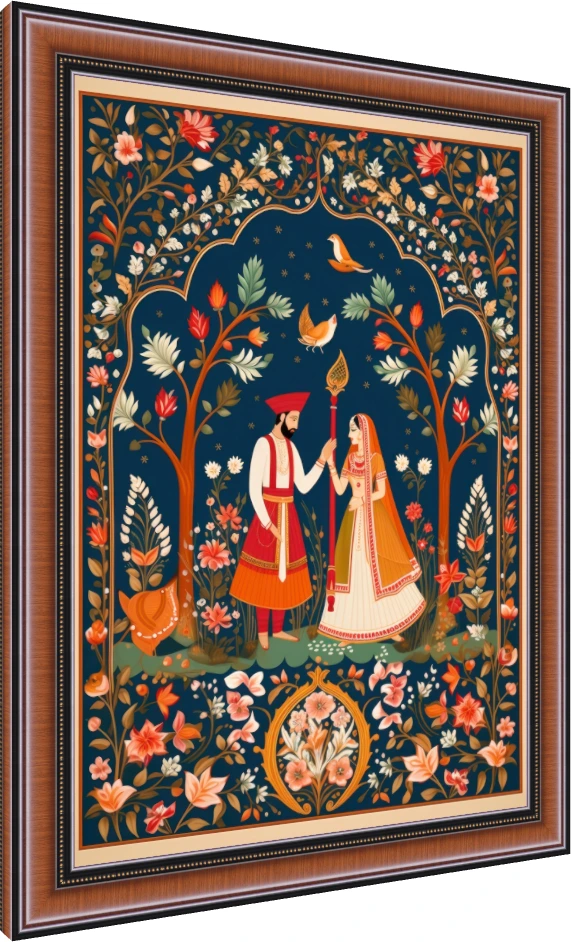 A traditional Indian painting of a royal couple standing under a floral archway on a deep blue background. — photo frame preview | PrintPosters.in