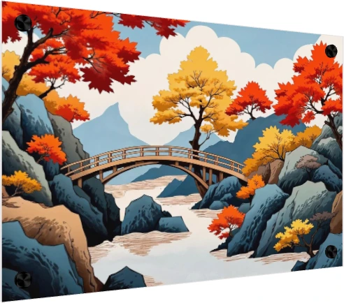 Japanese landscape illustration of a wooden arched bridge over a stream surrounded by vibrant red and yellow autumn trees. — acrylic preview | PrintPosters.in