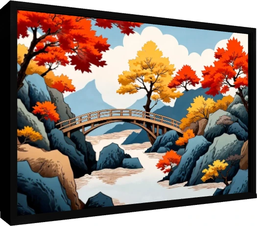 Japanese landscape illustration of a wooden arched bridge over a stream surrounded by vibrant red and yellow autumn trees. — floater frame preview | PrintPosters.in