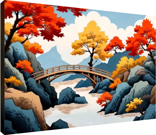 Japanese landscape illustration of a wooden arched bridge over a stream surrounded by vibrant red and yellow autumn trees. | PrintPosters.in