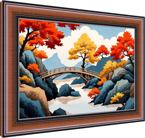 Japanese landscape illustration of a wooden arched bridge over a stream surrounded by vibrant red and yellow autumn trees. — photo frame preview | PrintPosters.in