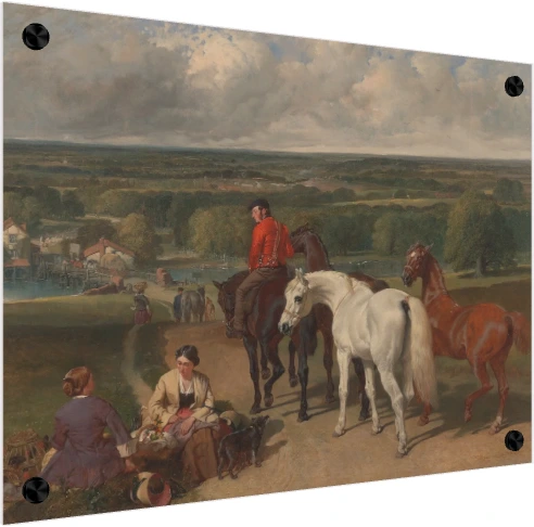 19th-century oil painting of horses, a horseman in a red coat, and seated country women overlooking a valley. — acrylic preview | PrintPosters.in