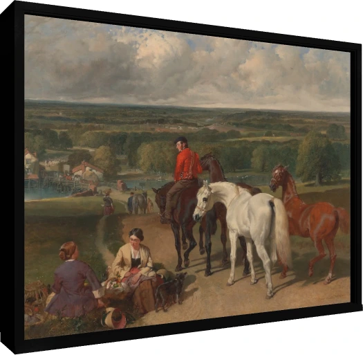 19th-century oil painting of horses, a horseman in a red coat, and seated country women overlooking a valley. — floater frame preview | PrintPosters.in