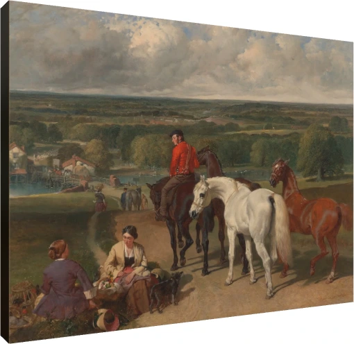 19th-century oil painting of horses, a horseman in a red coat, and seated country women overlooking a valley. | PrintPosters.in