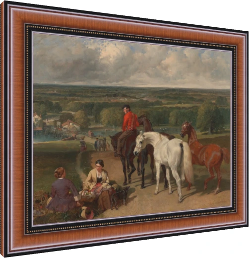 19th-century oil painting of horses, a horseman in a red coat, and seated country women overlooking a valley. — photo frame preview | PrintPosters.in