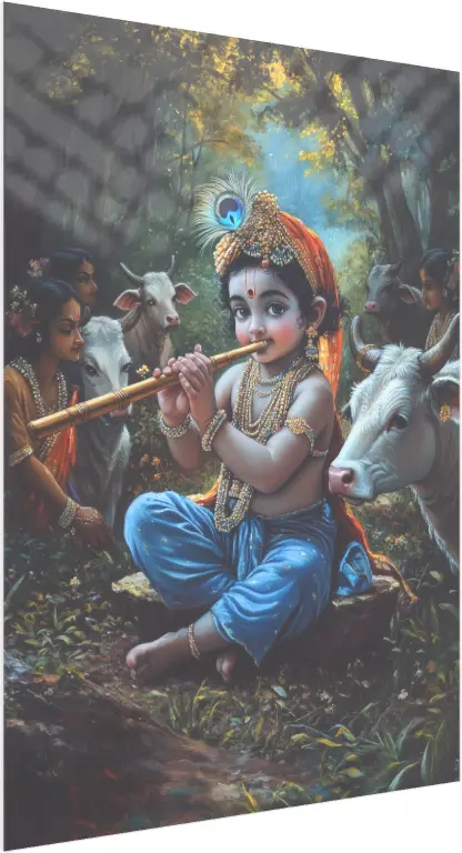 Playful Baby Krishna and Sacred Cows Art — acrylic preview | PrintPosters.in