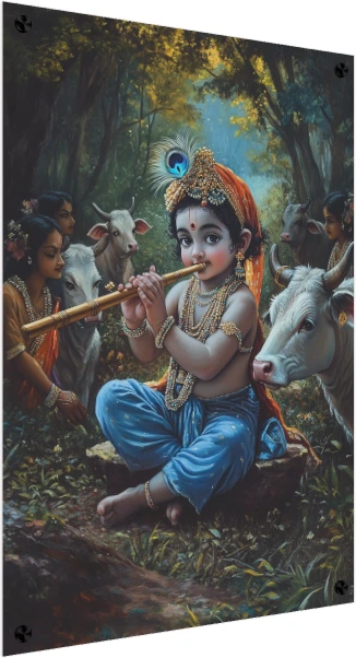 A detailed painting of baby Lord Krishna sitting in a Vrindavan forest playing a flute, surrounded by white cows and gopis. — acrylic preview | PrintPosters.in