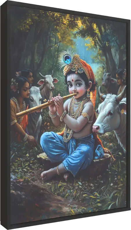 Playful Baby Krishna and Sacred Cows Art — floater frame preview | PrintPosters.in