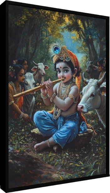 A detailed painting of baby Lord Krishna sitting in a Vrindavan forest playing a flute, surrounded by white cows and gopis. — floater frame preview | PrintPosters.in