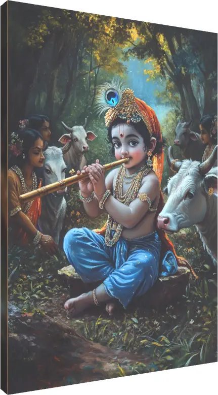 Playful Baby Krishna and Sacred Cows Art | PrintPosters.in