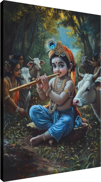 A detailed painting of baby Lord Krishna sitting in a Vrindavan forest playing a flute, surrounded by white cows and gopis. | PrintPosters.in