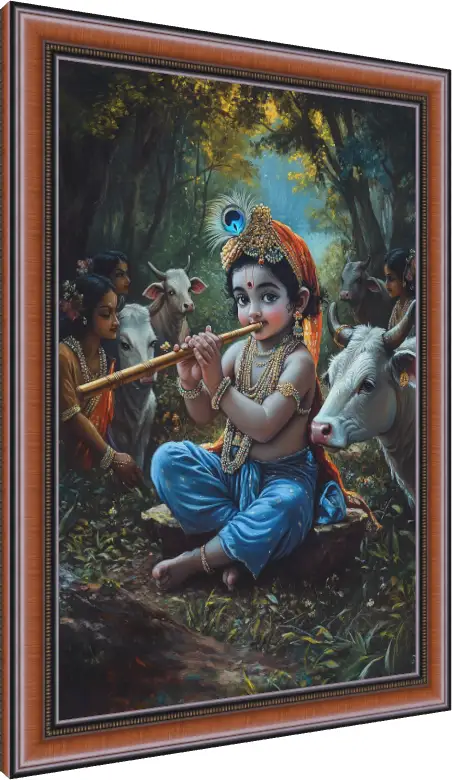 Playful Baby Krishna and Sacred Cows Art — photo frame preview | PrintPosters.in