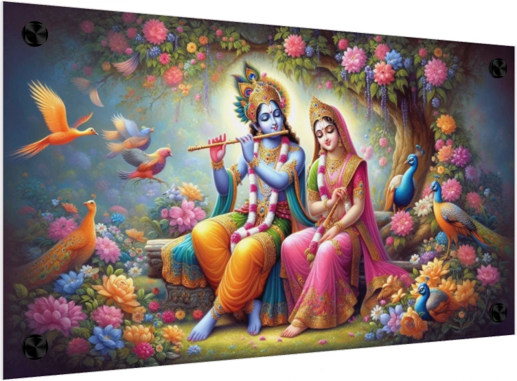 Vibrant digital painting of Radha and Krishna seated in a lush Vrindavan forest surrounded by peacocks and colorful flowers. — acrylic preview | PrintPosters.in