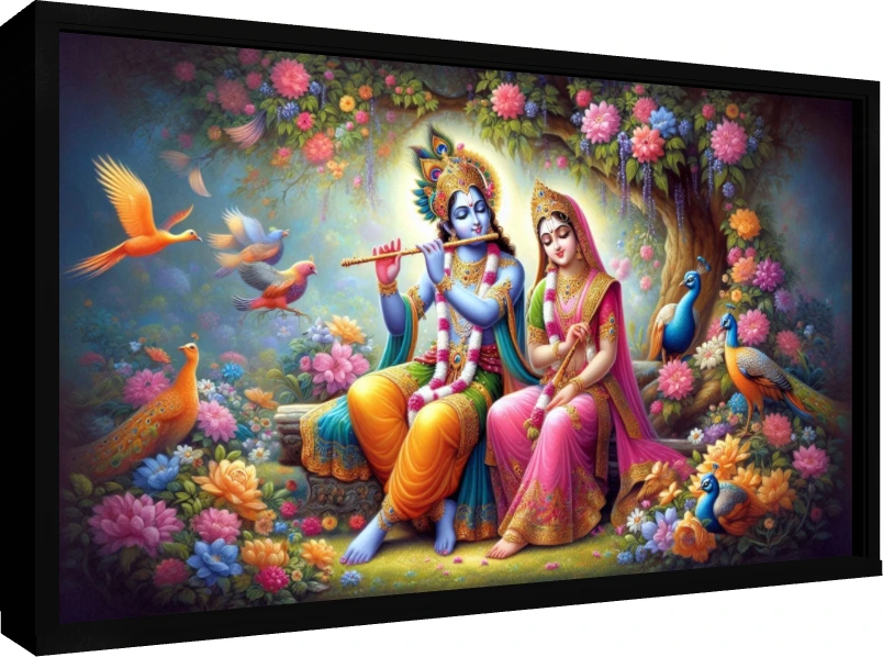 Vibrant digital painting of Radha and Krishna seated in a lush Vrindavan forest surrounded by peacocks and colorful flowers. — floater frame preview | PrintPosters.in