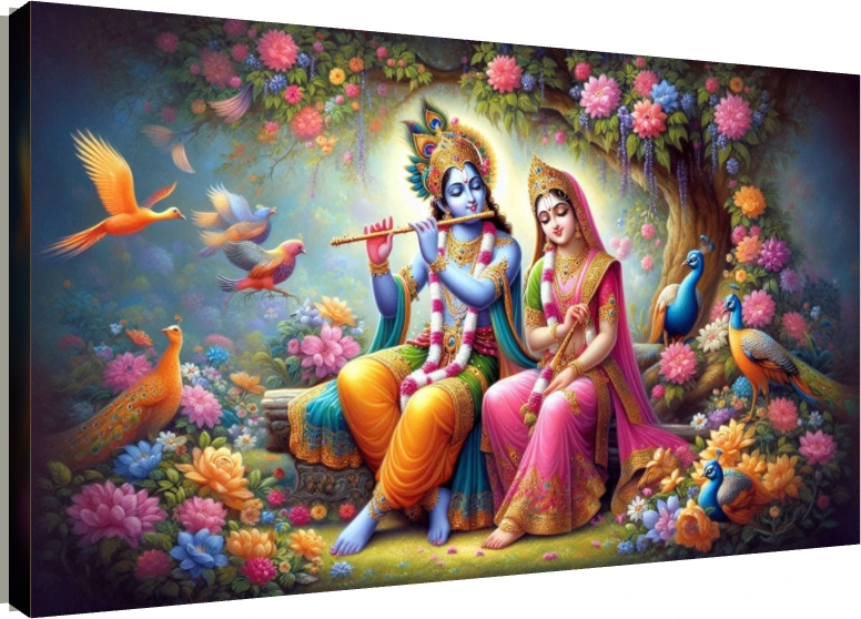 Vibrant digital painting of Radha and Krishna seated in a lush Vrindavan forest surrounded by peacocks and colorful flowers. | PrintPosters.in