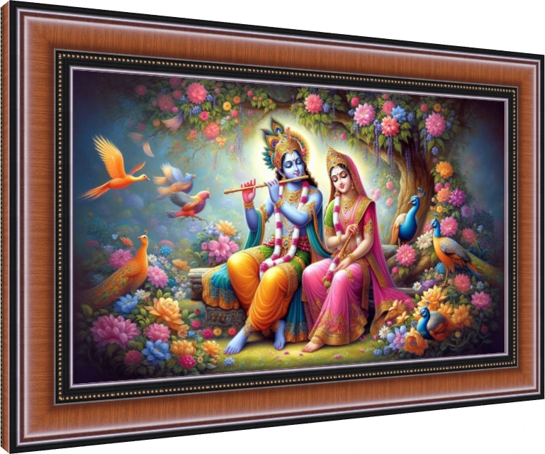 Vibrant digital painting of Radha and Krishna seated in a lush Vrindavan forest surrounded by peacocks and colorful flowers. — photo frame preview | PrintPosters.in