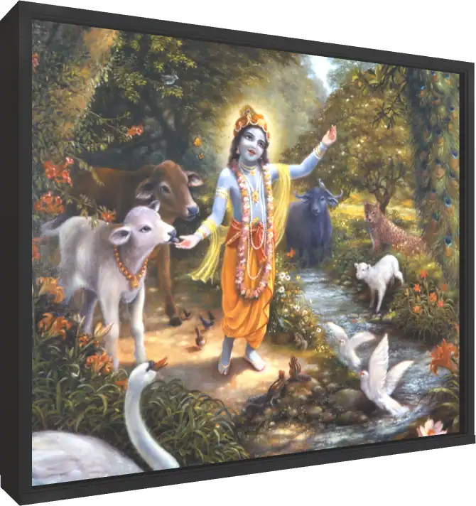 Krishna on Yamuna River Bank Canvas — floater frame preview | PrintPosters.in