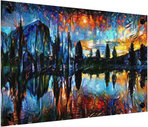 Abstract expressionist painting of a mountain lake at sunset with fiery reflections and dark tree silhouettes. — acrylic preview | PrintPosters.in