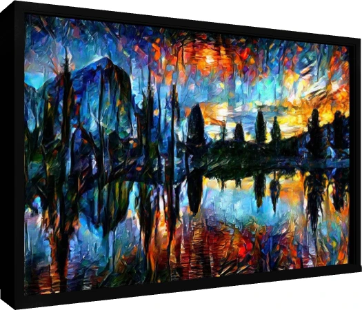 Abstract expressionist painting of a mountain lake at sunset with fiery reflections and dark tree silhouettes. — floater frame preview | PrintPosters.in