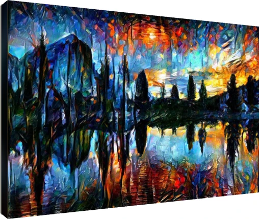 Abstract expressionist painting of a mountain lake at sunset with fiery reflections and dark tree silhouettes. | PrintPosters.in