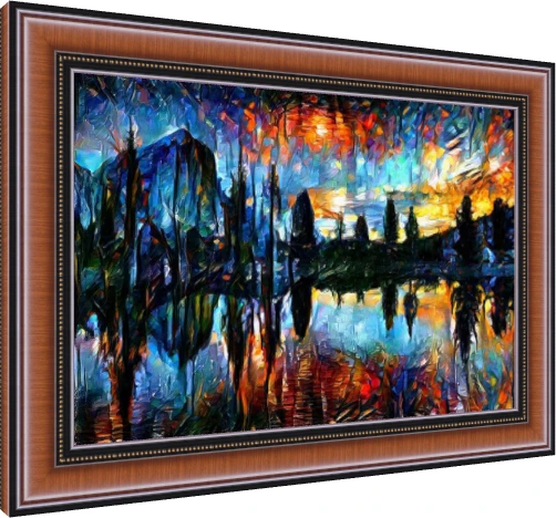 Abstract expressionist painting of a mountain lake at sunset with fiery reflections and dark tree silhouettes. — photo frame preview | PrintPosters.in