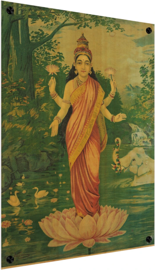 Vintage Raja Ravi Varma painting of Goddess Lakshmi standing on a pink lotus in a serene lake with an elephant. — acrylic preview | PrintPosters.in